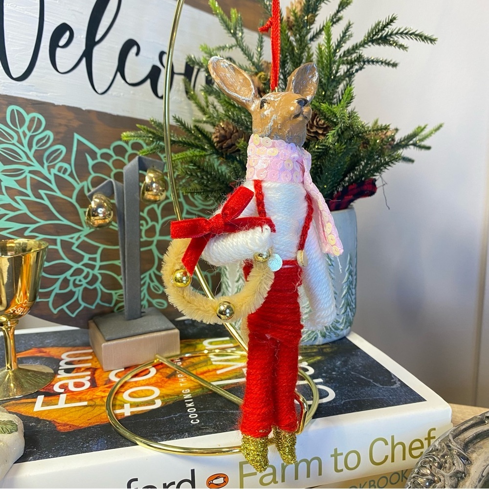 Rue Noel Holiday Kangaroo with Wreath Christmas Tree Ornament Handmade, Red/Pink